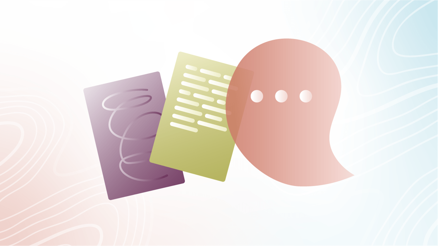 An illustration representing the different ways someone can participate in the Forum. There's a drawing, a written document and a speech bubble.