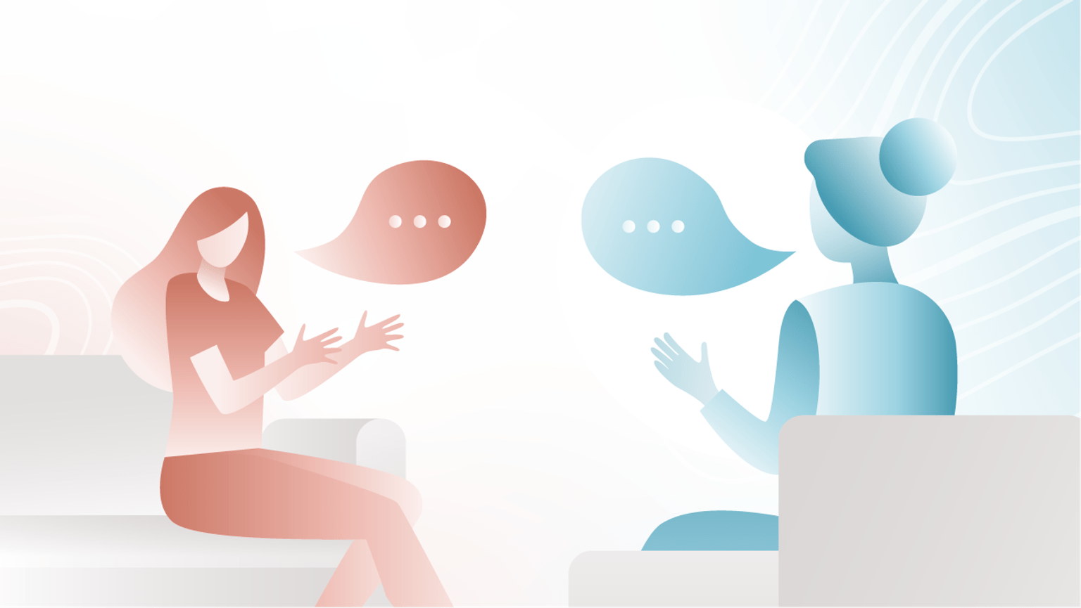 An illustration of two individuals sitting and having a discussion.