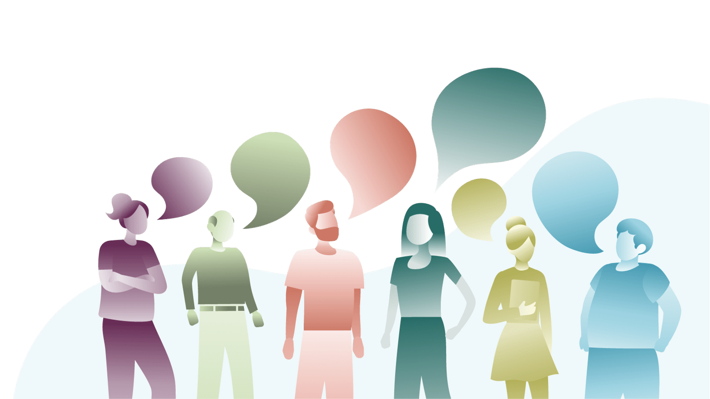 An illustration of six people gathered together with speech bubbles above them. Each illustrated person is a different colour.